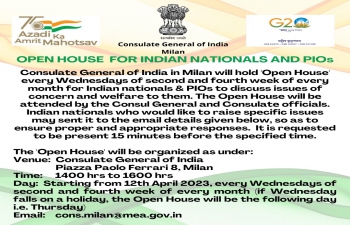 Consulate General of India in Milan will hold Open House for Indian nationals and PIOs from 12th April 2023.  More details on the flyer below:  